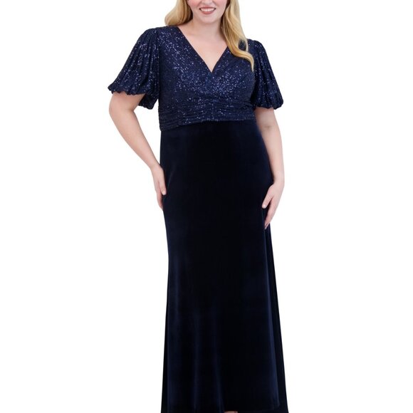 Eliza J Plus Size V-Neck Sequin & Velvet Gown – Navy – NWT – Size 14W - Picture 2 of 4
